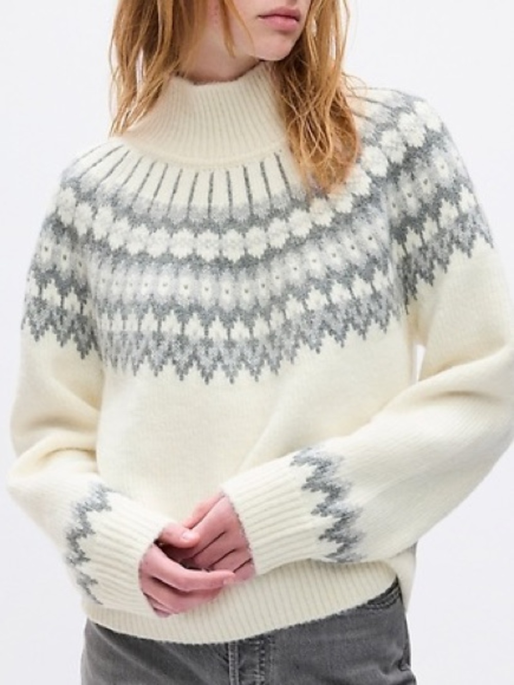 GAP Fair Isle Mock Neck Knit Wool Alpaca Boxy Sweater XL Ivory Winter Cabin Core